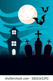 halloween dark haunted castle and bats flying in cemetery vector illustration design