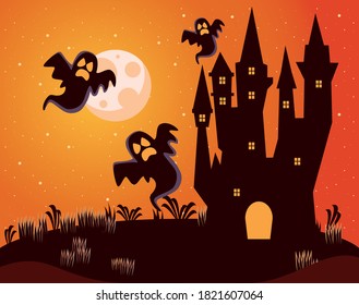 halloween dark haunted castle with ghosts at night scene vector illustration design