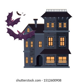 halloween dark haunted mansion building with bats vector illustration design