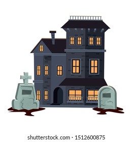 halloween dark haunted mansion with cemetery vector illustration design