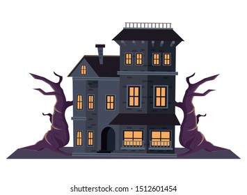 halloween dark haunted mansion with tree plant vector illustration design