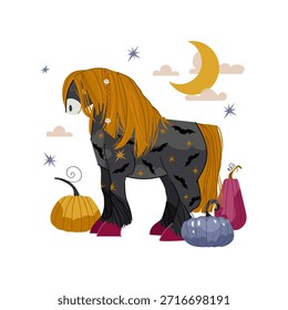 Caballo oscuro de Halloween con estilo de Ilustración vectorial de calabaza. Obra de arte de otoño festivo perfecto para tarjetas de Halloween, carteles, diseño, papelería, marca de temporada, proyectos decorativos