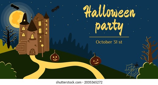 Halloween dark house, castle on the background of a full moon, pumpkins, bats. Vector illustration in cartoon style, clipart. Template for a creepy party, banner, poster, postcard, invitation.