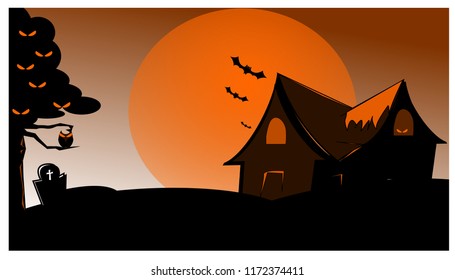 Halloween dark house and grave
 under the moonlight background, illustration.
