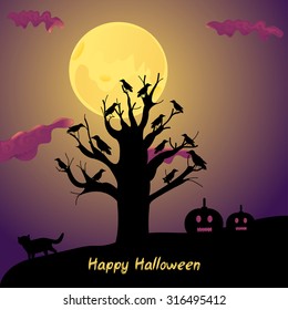 Halloween dark illustration. Black tree, moon and cloud, birds. 