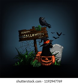 Halloween dark night background with pumpkin and cat. Vector illustration.