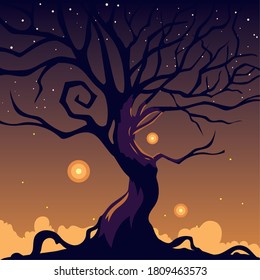 halloween dark night background with an scary tree vector illustration design