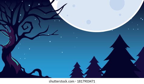 halloween dark night background with scary forest vector illustration design