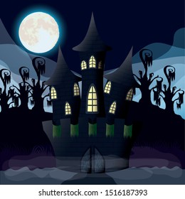 halloween dark night with castle scene vector illustration design