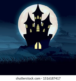 halloween dark night with castle scene vector illustration design