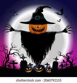 Halloween dark night pumpkin scarecrow full moon night on the fall and dark forest. Many crosses, An owl perched on a branch, Halloween night concept, with fly bats. Vector illustration.