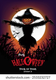 Halloween dark night pumpkin scarecrow full moon night. Many crosses, An owl sits on the arm of a pumpkin scarecrow., Halloween night concept, with fly bats. Vector illustration.