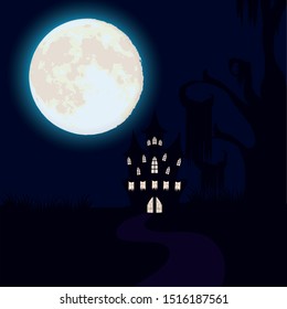 halloween dark night scene with castle vector illustration design