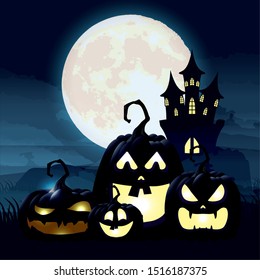 halloween dark night scene with pumpkins and castle vector illustration design