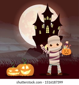 halloween dark night scene with pumpkins and kid disguised mummy vector illustration