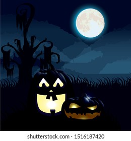 halloween dark night scene with pumpkins vector illustration design