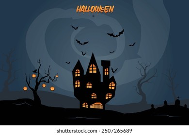 Halloween dark night silhouette landscape illustration concept.