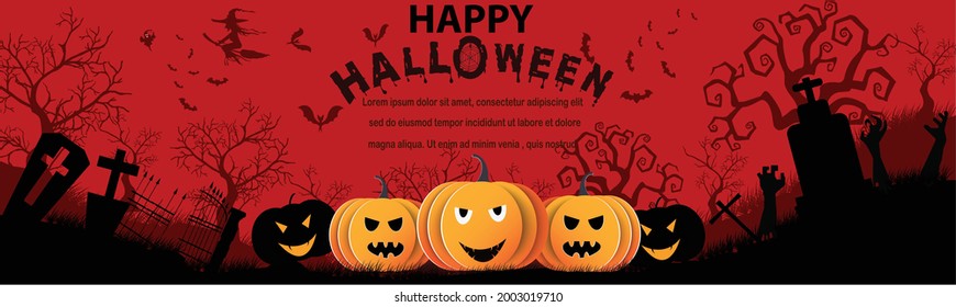 Halloween in the dark night.pumpkins with old tomb. They are on tree background.Ghost and flying bats, tomb,scary,decoration.Vector Halloween party decoration and flat style concept.