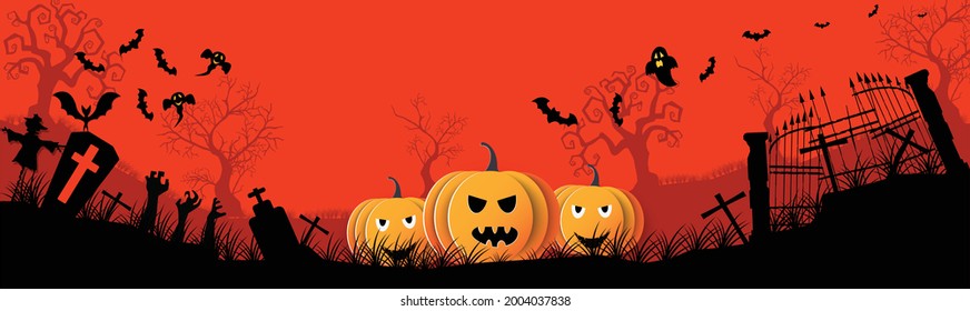 Halloween in the dark night.pumpkins with old tomb. They are on tree background.Ghost and flying bats, tomb,scary,decoration.Vector Halloween party decoration and flat style concept.