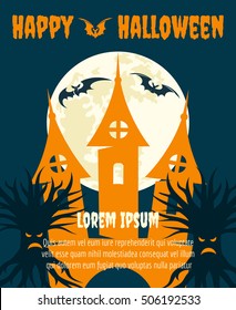 Halloween dark party invitation with full moon bats anf flat castle vector poster