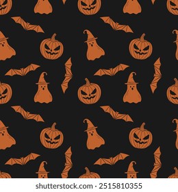 Halloween dark pattern with creepy pumpkin, ghost in wizards hat and bat, in hand drawn doodle silhouette style. For background, backdrop, packaging.