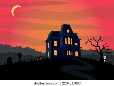 halloween dark scary gothic house withe red sky