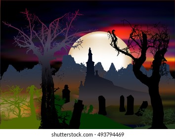 Halloween dark scary landscape with chapel, tombstones and silhouettes of trees. Dark cemetery, dramatic night sky with moonlight and haunted trees