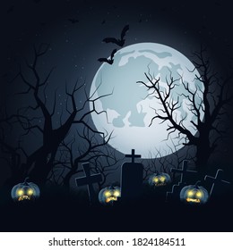 Halloween dark scary night vector background. Dead trees, old cemetery and pumpkins illustration