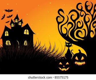 Halloween dark scene with black cat.