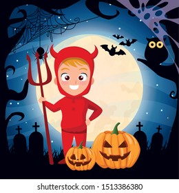 halloween dark scene with boy disguise of devil vector illustration design