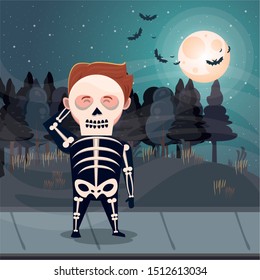 halloween dark scene with boy skeleton costume vector illustration design