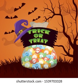 halloween dark scene with candies bag vector illustration design