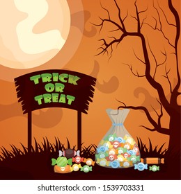 halloween dark scene with candies bag vector illustration design