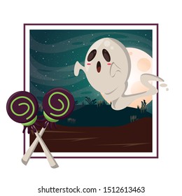 halloween dark scene with candies and ghosts vector illustration design