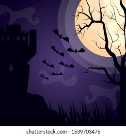 halloween dark scene castle with bats flying vector illustration design