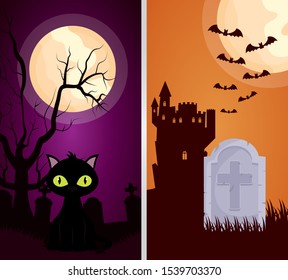 halloween dark scene castle with cat vector illustration design