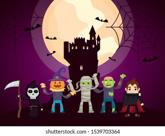 halloween dark scene castle with characters vector illustration design