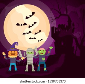 halloween dark scene castle with characters vector illustration design