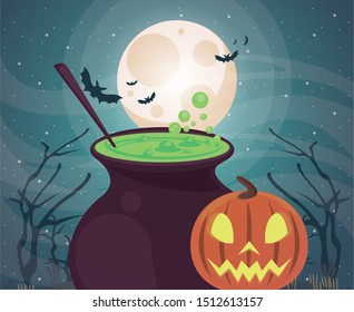 halloween dark scene with cauldron witch vector illustration design