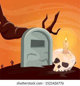 halloween dark scene with cemetery vector illustration design