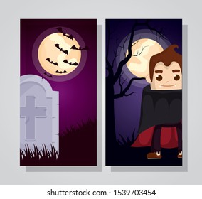 halloween dark scene with dracula character vector illustration design