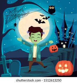 halloween dark scene with frankenstein vector illustration design