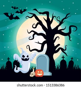 halloween dark scene with ghosts floating vector illustration design