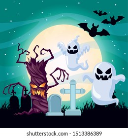 halloween dark scene with ghosts floating vector illustration design