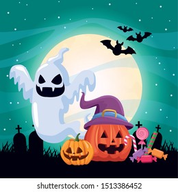 halloween dark scene with ghosts floating vector illustration design