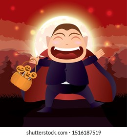 halloween dark scene with kid disguised of dracula vector illustration design