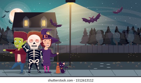 halloween dark scene with kids costumes characters vector illustration design