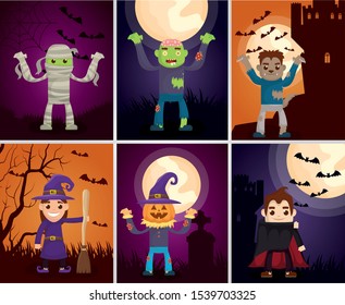 halloween dark scene with monsters characters vector illustration design