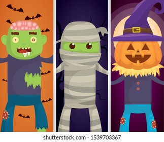 halloween dark scene with monsters characters vector illustration design