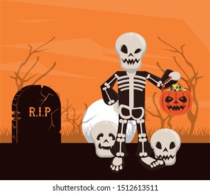 halloween dark scene with person disguised of skeleton vector illustration design
